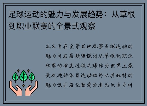 足球运动的魅力与发展趋势：从草根到职业联赛的全景式观察